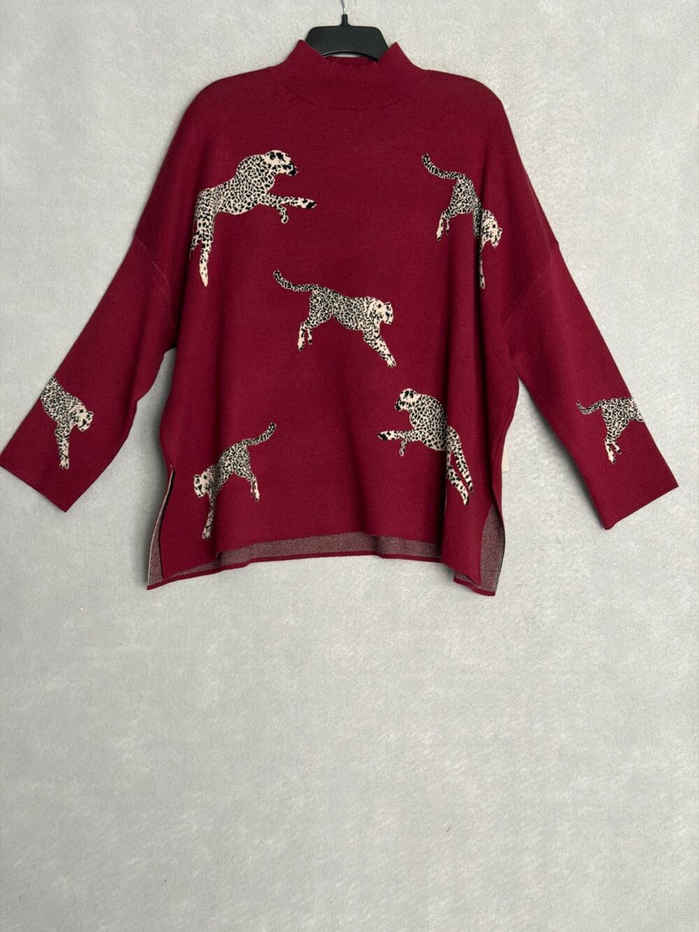 Ali Miles Animal Print Sweater 3/4 Sleeves Mock Neck in Wine Women's PXL NEW